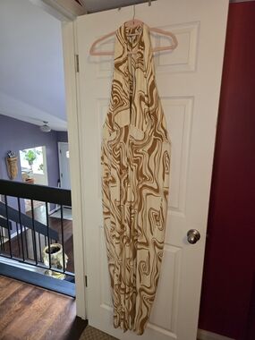 Halter Jumpsuit with Abstract Swirl Print - Cream & Tan